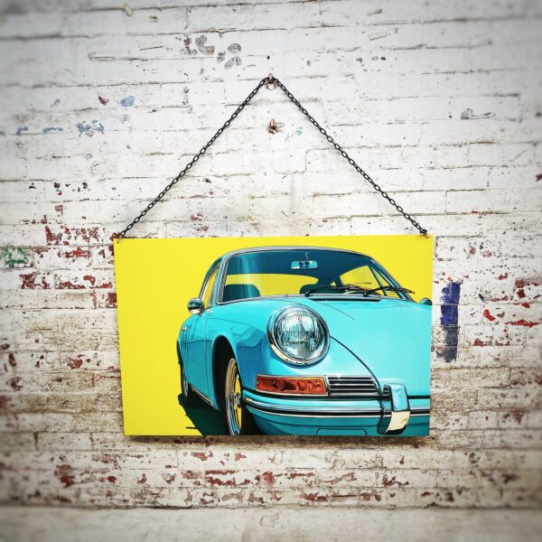 Porsche retro pop art wall sign turquoise sports car yellow background