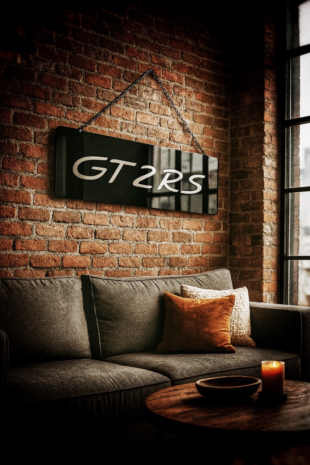 GT2RS gloss black engraved wall sign in high-gloss acrylic displayed in premium garage interior GT2RS gloss black engraved wall sign in high-gloss acrylic displayed in premium garage interior