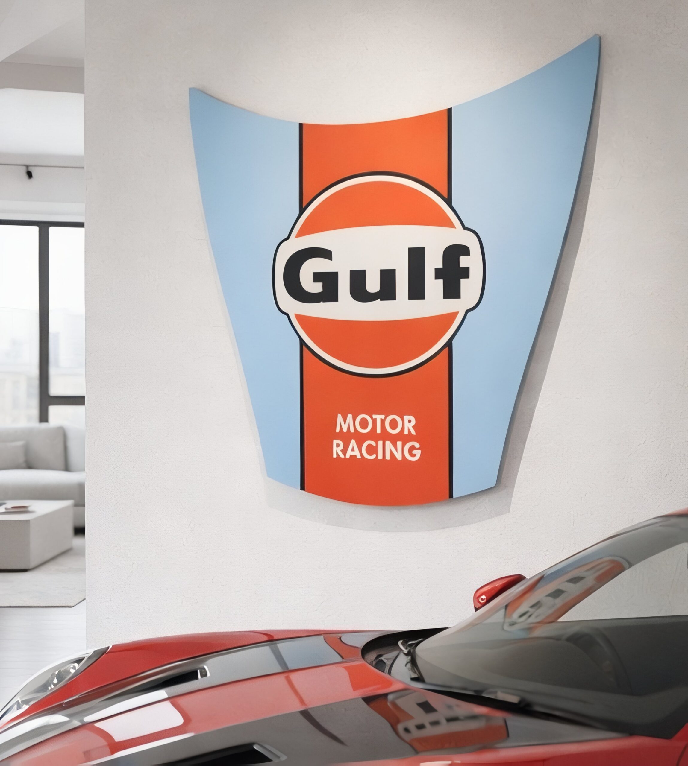 Gulf livery Porsche garage wall art bonnet design Gulf livery Porsche garage wall art bonnet design