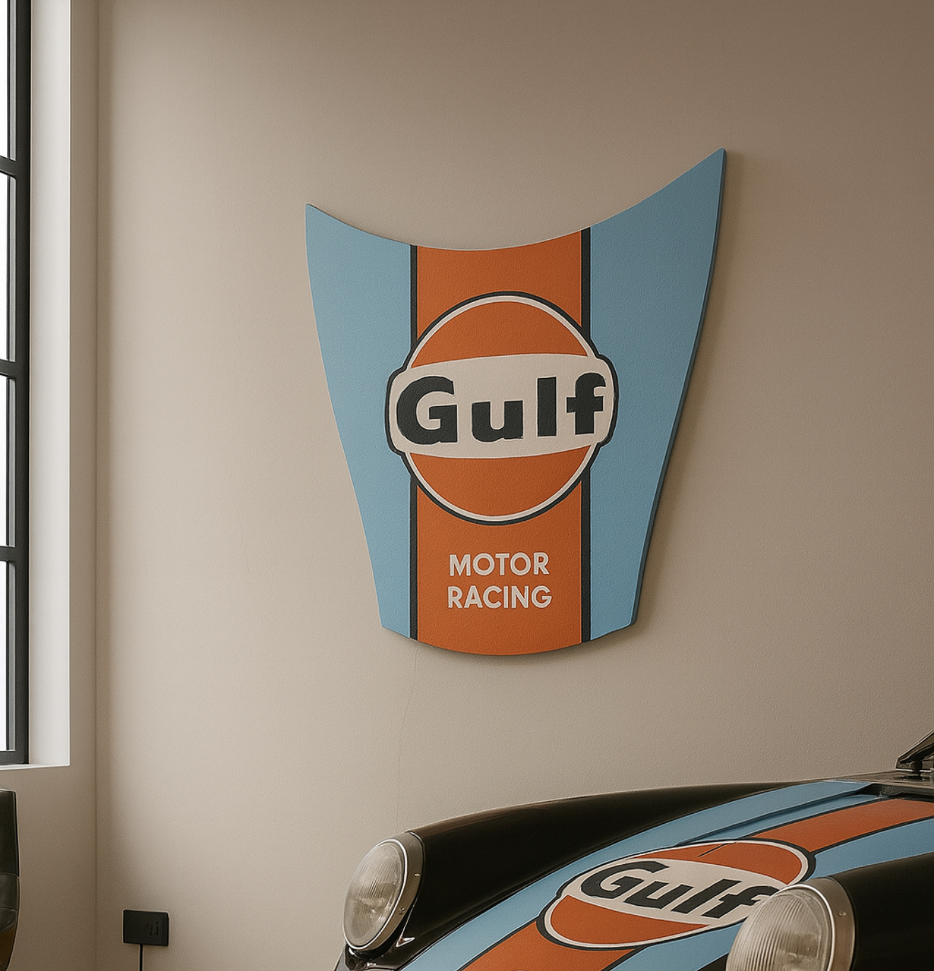 Porsche bonnet shaped Gulf motorsport wall sign 80cm Porsche bonnet shaped Gulf motorsport wall sign 80cm